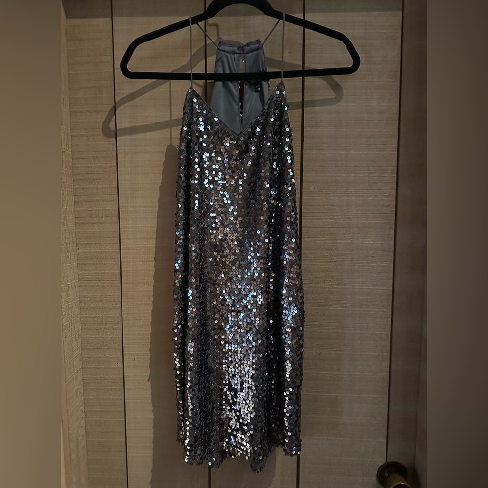 Express Silver Sequin Halter Bodycon Dress